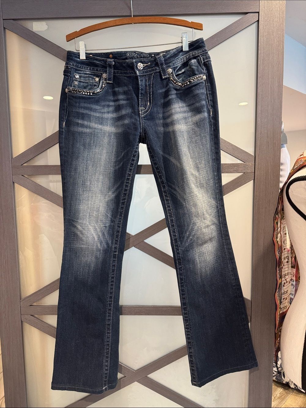 Miss Me Dark Blue Flare Jeans with Studded Pocket Detail